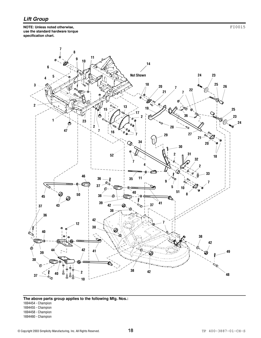 Simplicity Champion manual Lift Group, FI0015 