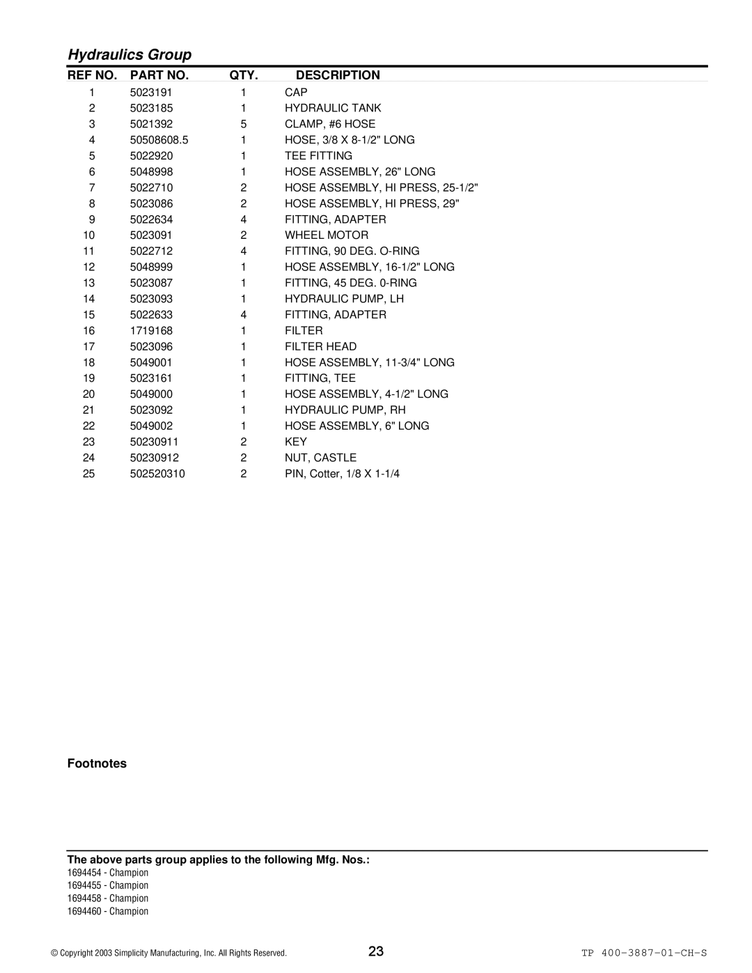 Simplicity Champion Cap, Hydraulic Tank, CLAMP, #6 Hose, TEE Fitting, Hose ASSEMBLY, 26 Long, Hose ASSEMBLY, HI Press, Key 