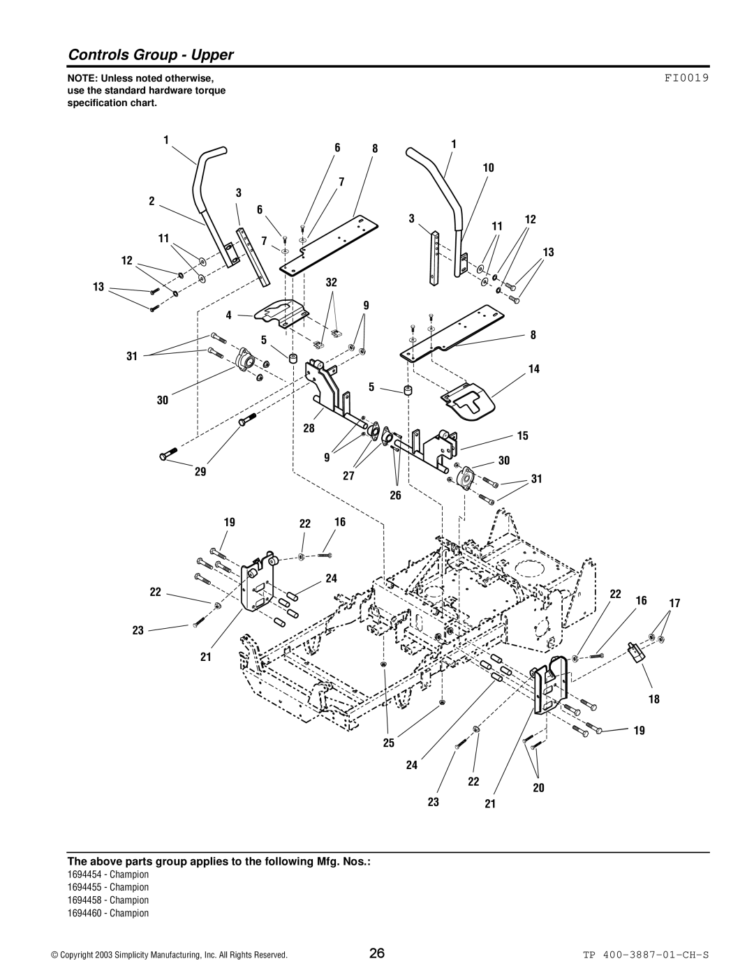 Simplicity Champion manual Controls Group Upper, FI0019 