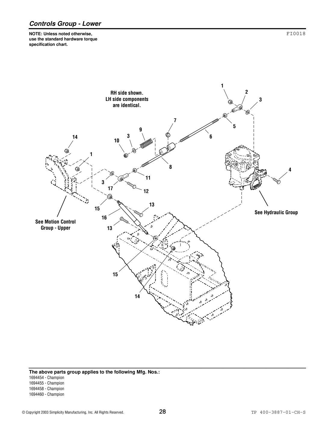 Simplicity Champion manual Controls Group Lower, FI0018 