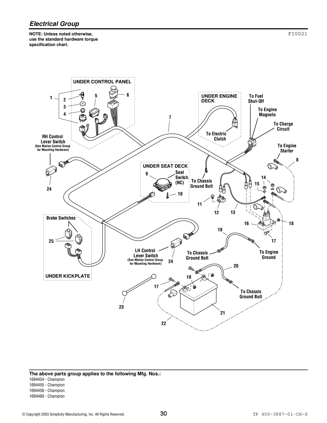 Simplicity Champion manual Electrical Group, FI0021 