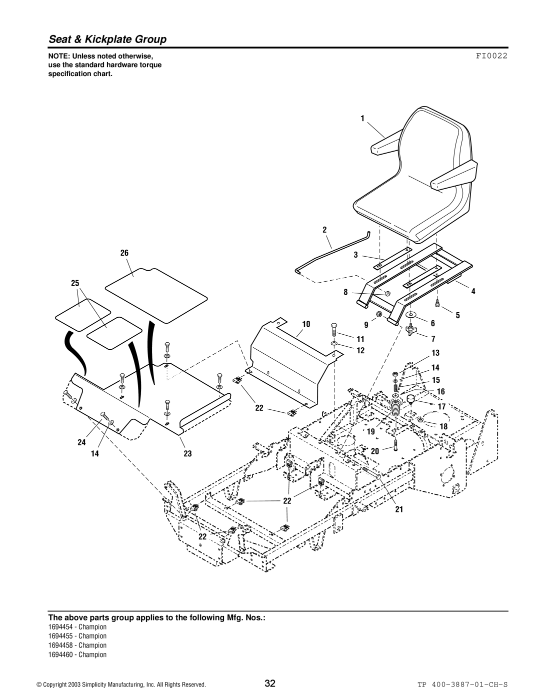 Simplicity Champion manual Seat & Kickplate Group, FI0022 