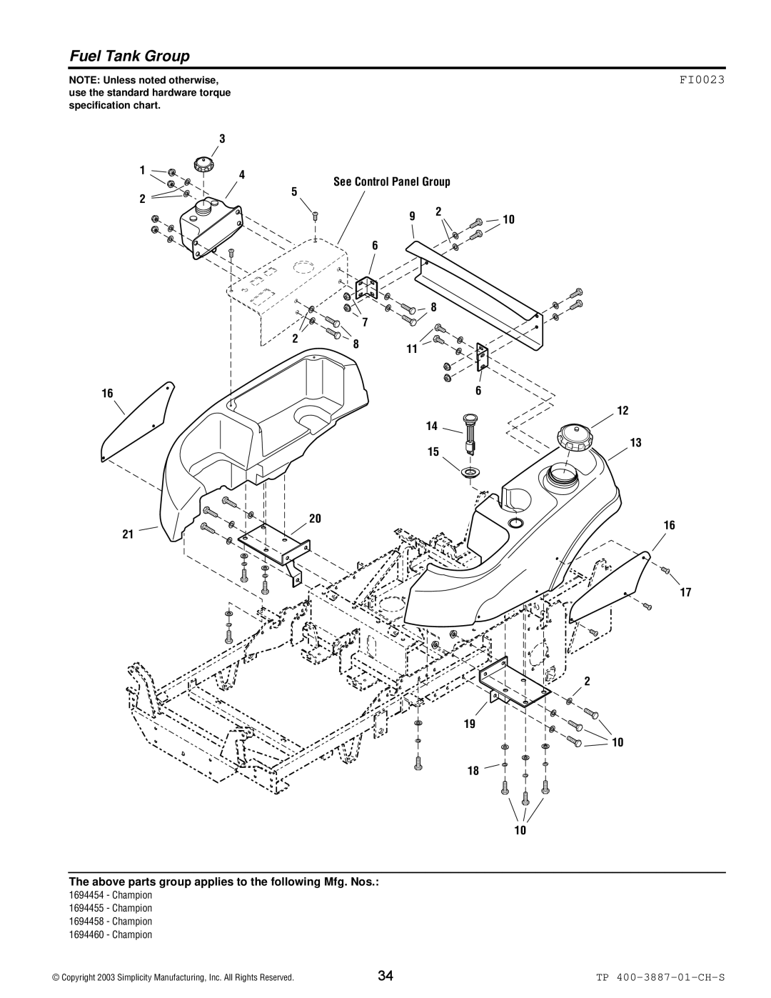 Simplicity Champion manual Fuel Tank Group, FI0023 