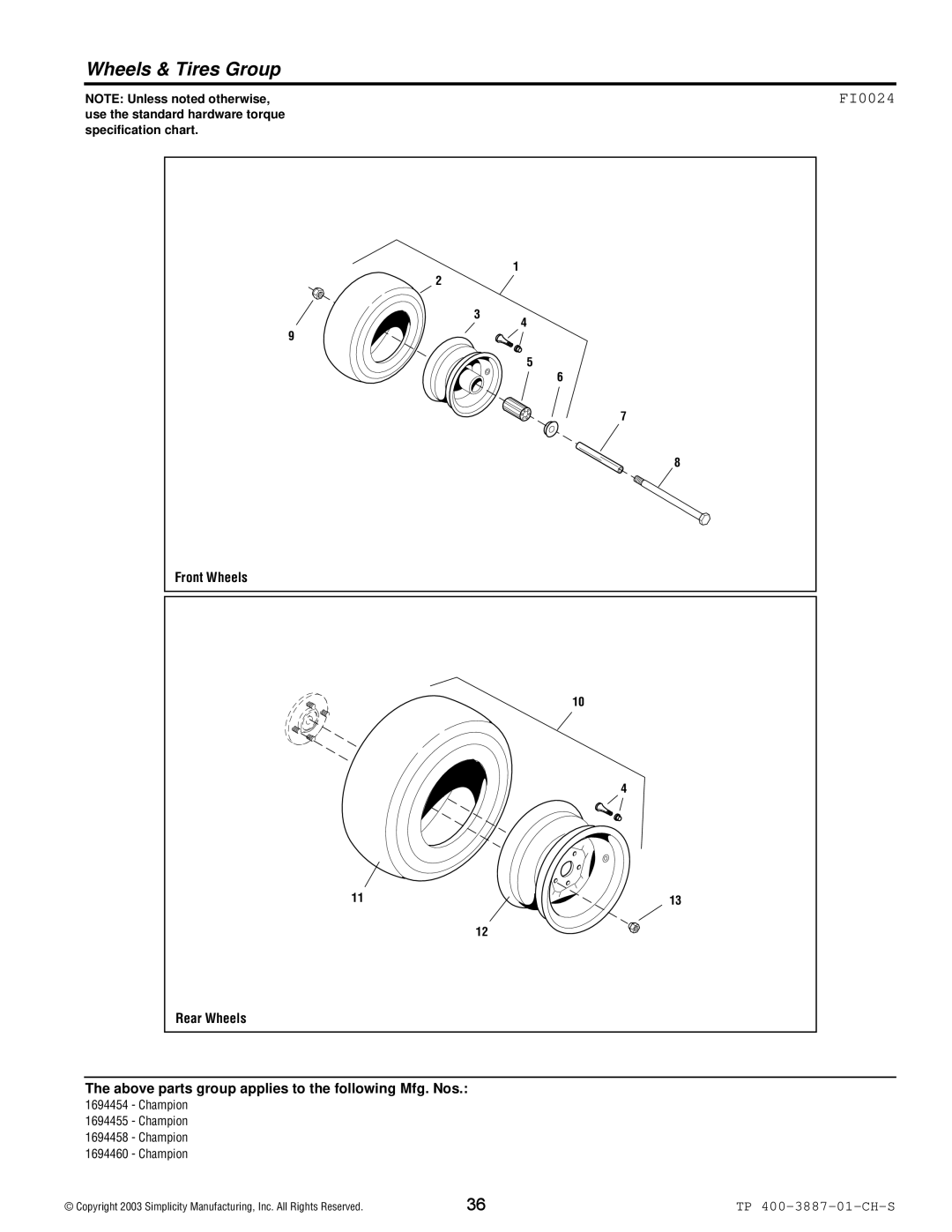 Simplicity Champion manual Wheels & Tires Group, FI0024 