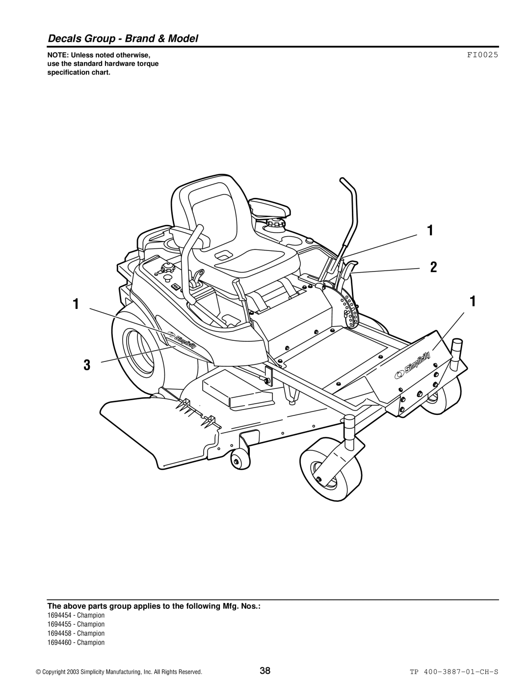 Simplicity Champion manual Decals Group Brand & Model, FI0025 