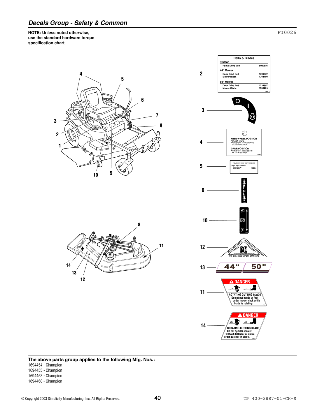 Simplicity Champion manual Decals Group Safety & Common, FI0026 