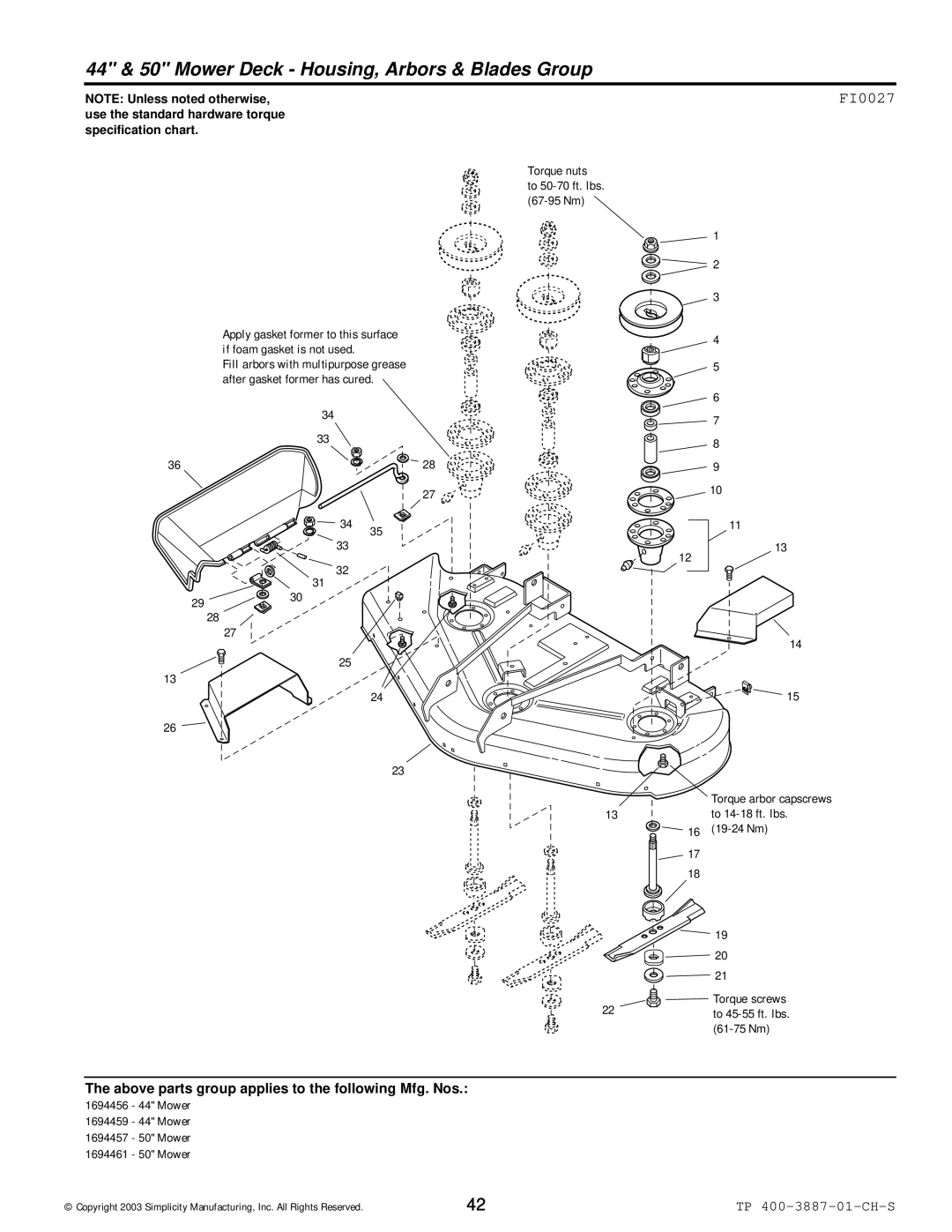 Simplicity Champion manual 44 & 50 Mower Deck Housing, Arbors & Blades Group, FI0027 