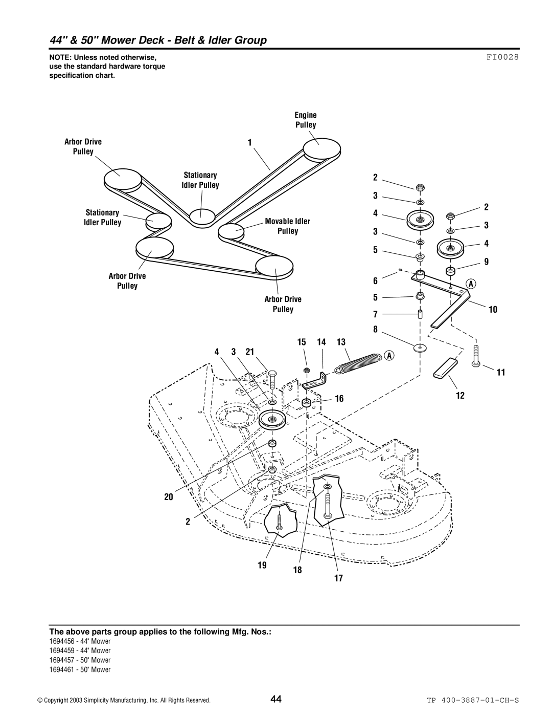 Simplicity Champion manual 44 & 50 Mower Deck Belt & Idler Group, FI0028 