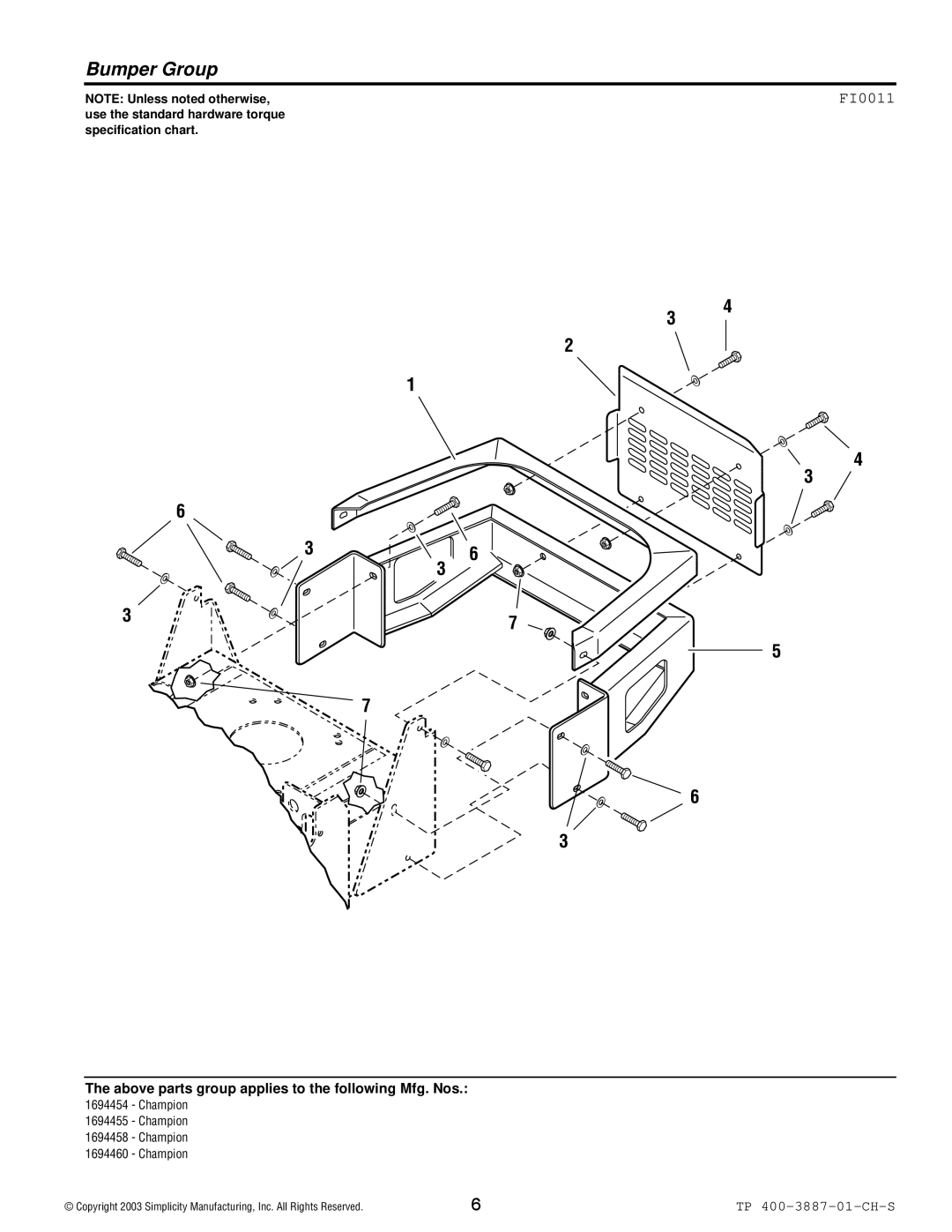 Simplicity Champion manual Bumper Group, FI0011 