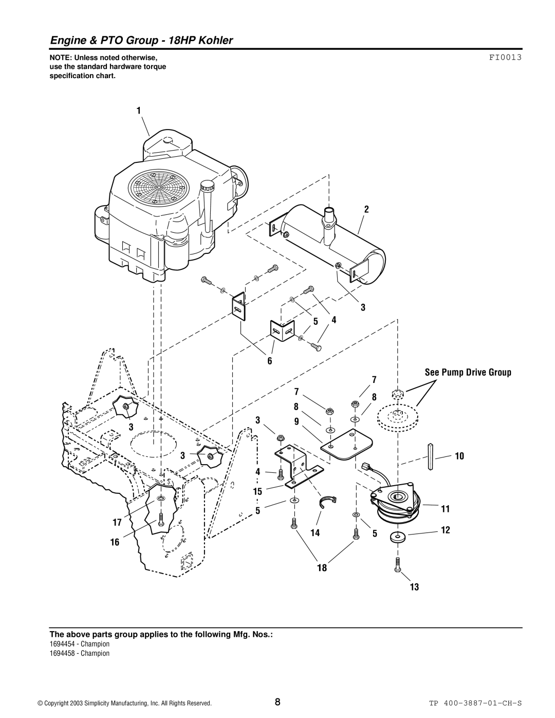 Simplicity Champion manual Engine & PTO Group 18HP Kohler, FI0013 