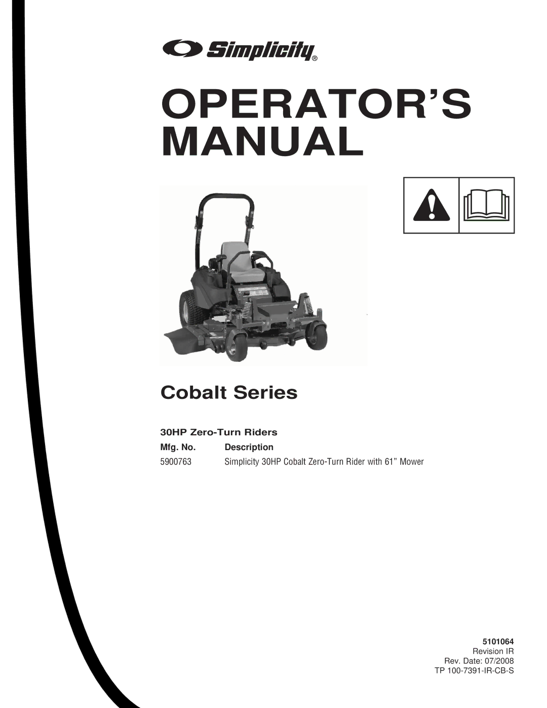 Simplicity Cobalt Series manual 30HP Zero-Turn Riders Mfg. No Description, 5900763 
