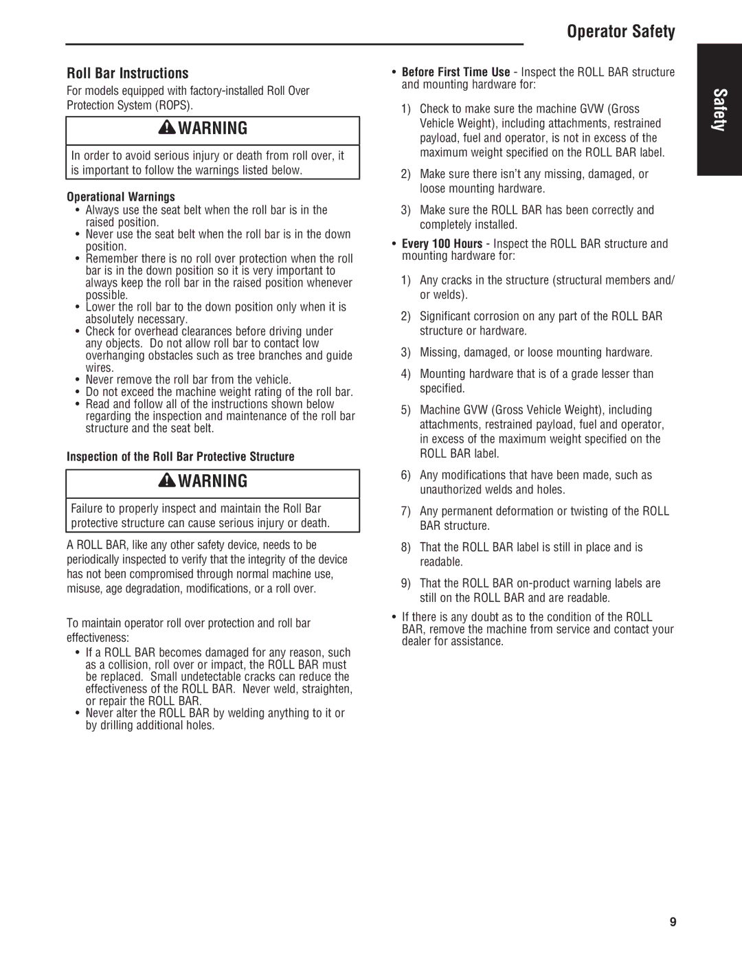 Simplicity Cobalt Series Roll Bar Instructions, Operational Warnings, Inspection of the Roll Bar Protective Structure 