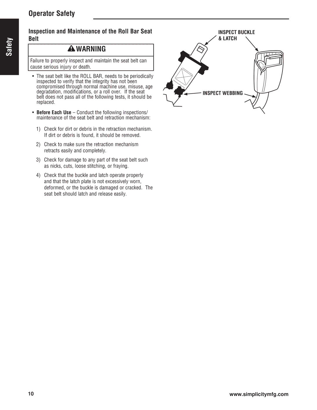 Simplicity Cobalt Series manual Inspection and Maintenance of the Roll Bar Seat Belt 