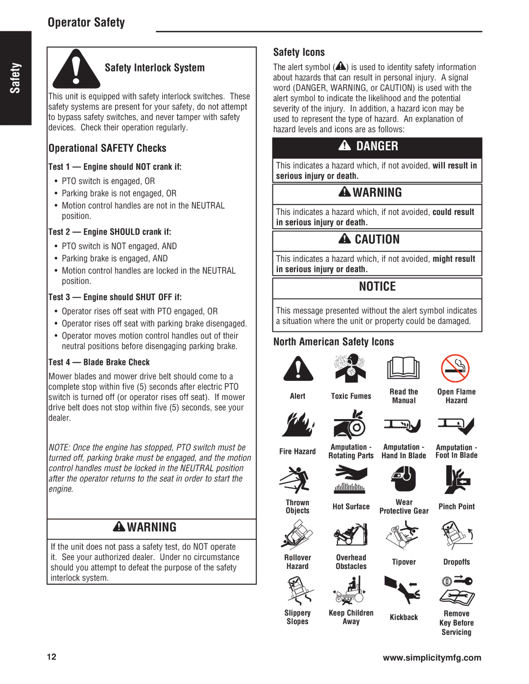 Simplicity Cobalt Series manual Safety Interlock System, Operational Safety Checks, North American Safety Icons 