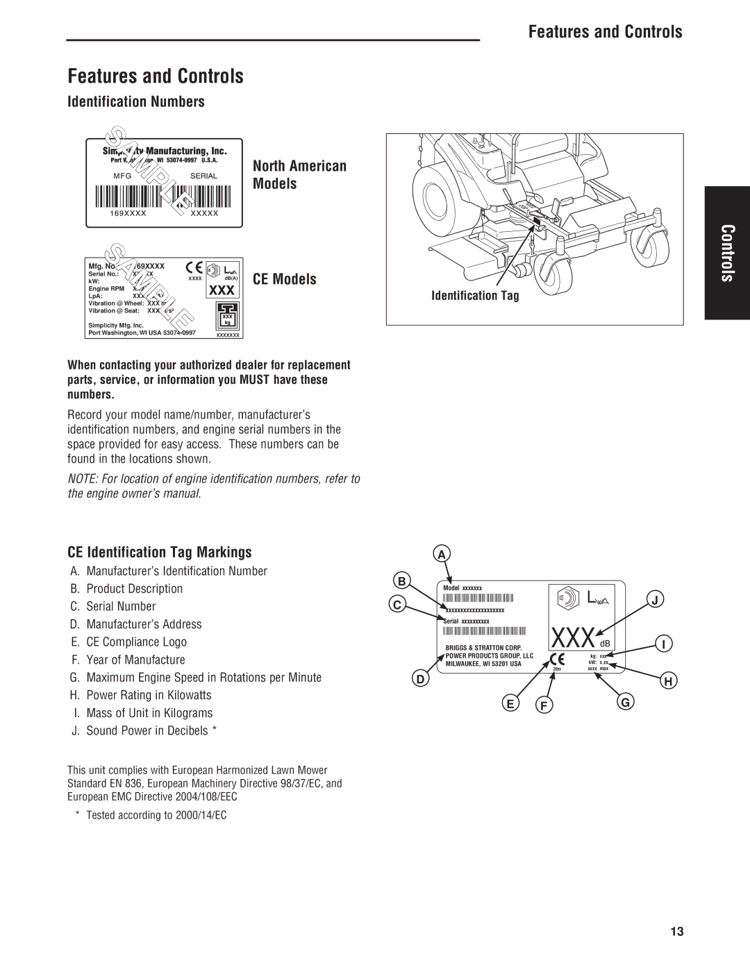 Simplicity Cobalt Series manual Features and Controls, Identification Numbers, CE Models, CE Identification Tag Markings 