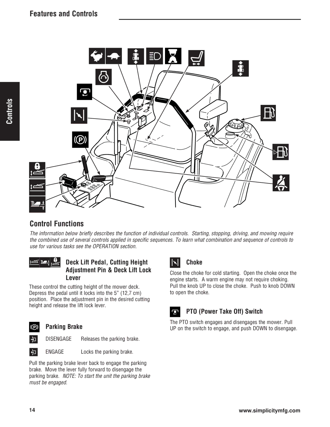 Simplicity Cobalt Series manual Safety Controls Operation Maintenance, Troubleshooting, Parking Brake, Choke 