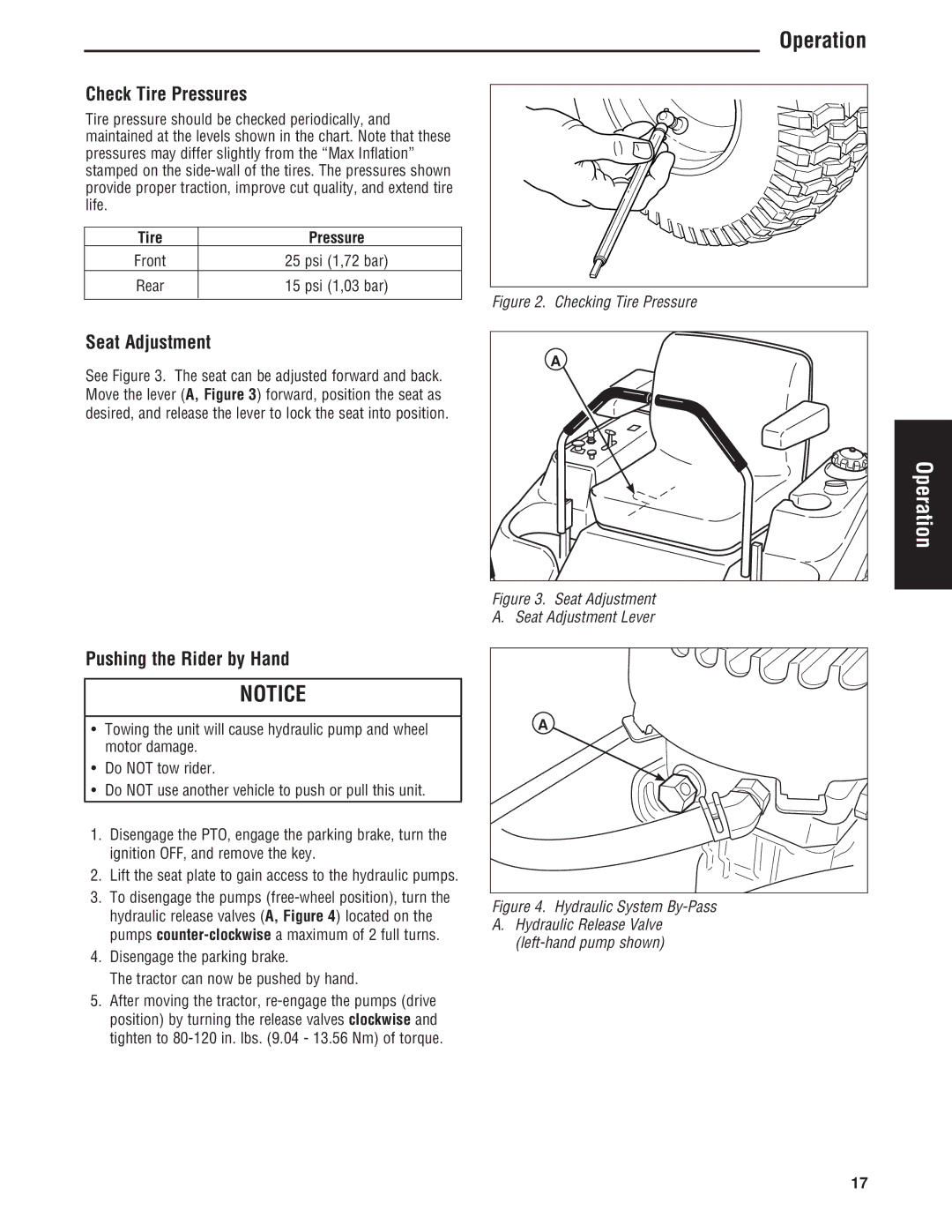 Simplicity Cobalt Series manual Check Tire Pressures, Seat Adjustment, Pushing the Rider by Hand 