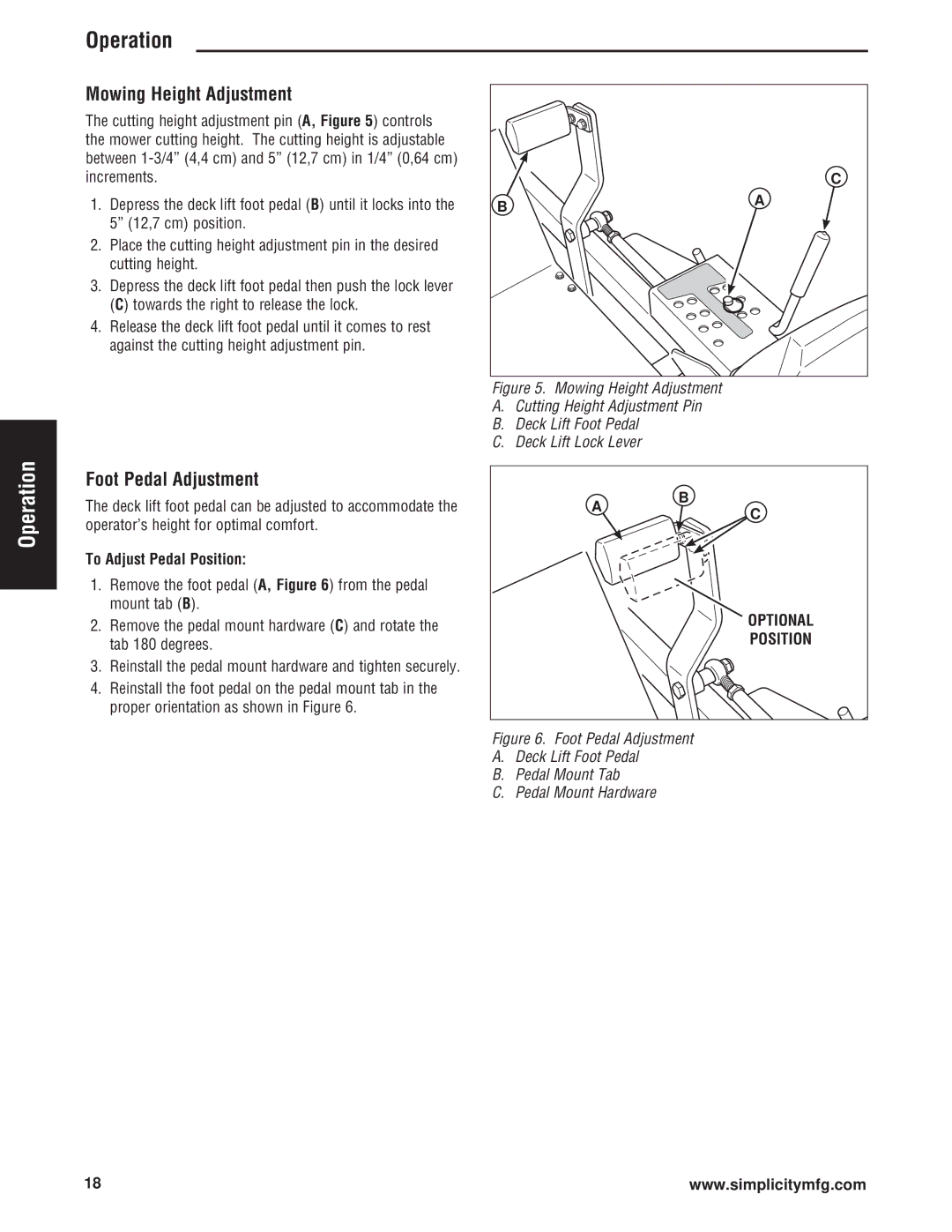 Simplicity Cobalt Series manual Mowing Height Adjustment, Foot Pedal Adjustment, To Adjust Pedal Position 