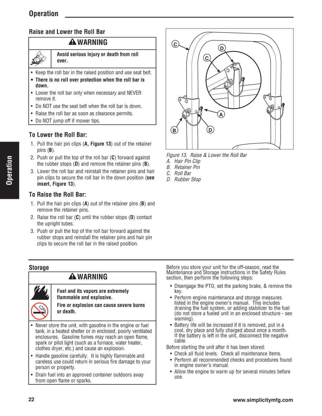 Simplicity Cobalt Series Specifications Troubleshooting, Raise and Lower the Roll Bar, To Lower the Roll Bar, Storage 