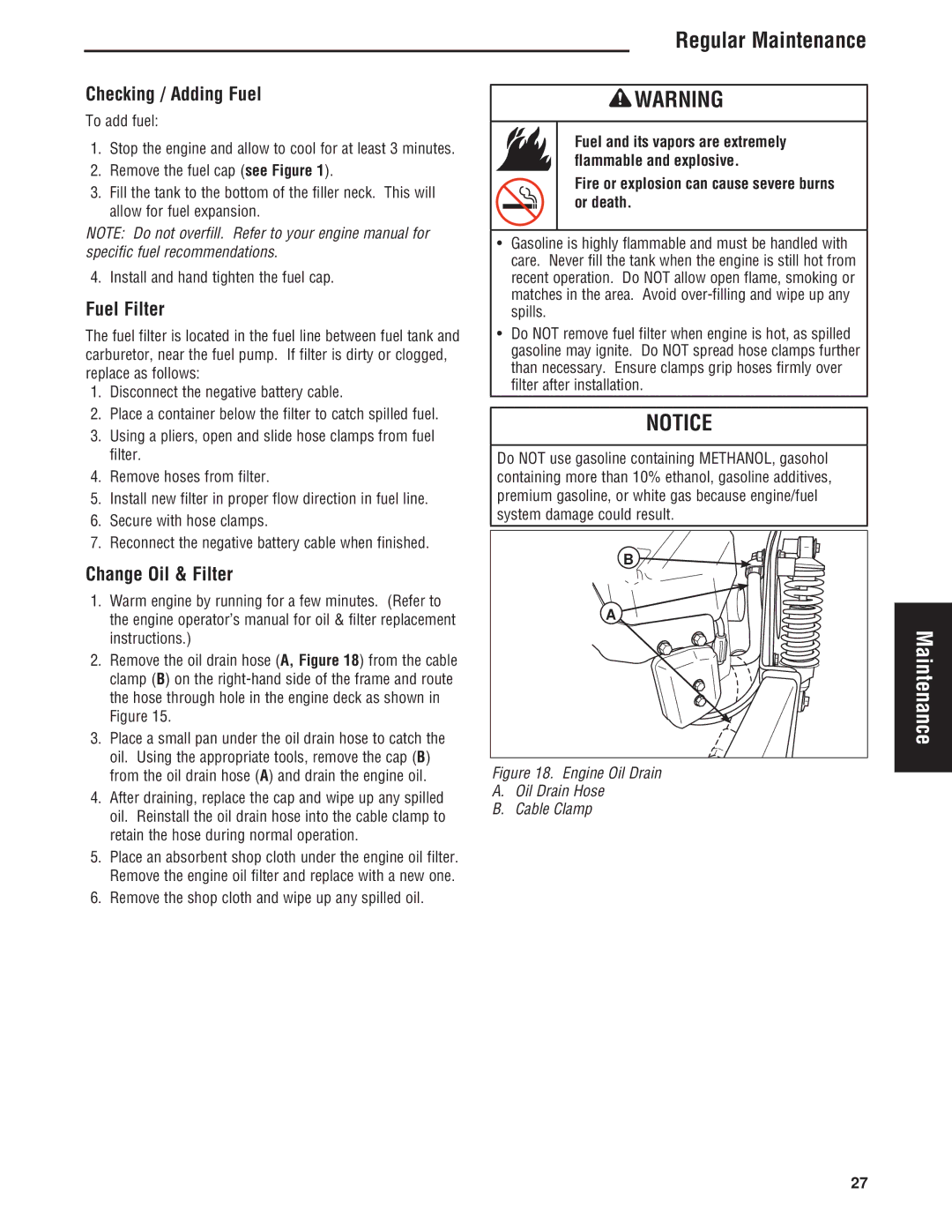 Simplicity Cobalt Series manual Checking / Adding Fuel, Fuel Filter, Change Oil & Filter 