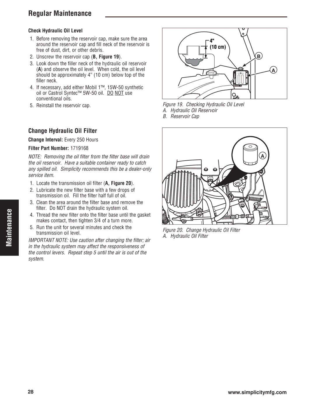 Simplicity Cobalt Series manual Change Hydraulic Oil Filter, Check Hydraulic Oil Level 