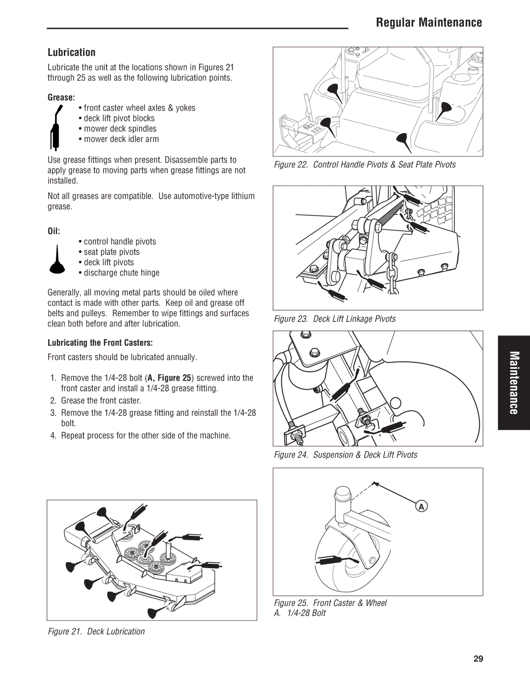 Simplicity Cobalt Series manual Lubrication, Grease, Oil, Lubricating the Front Casters 