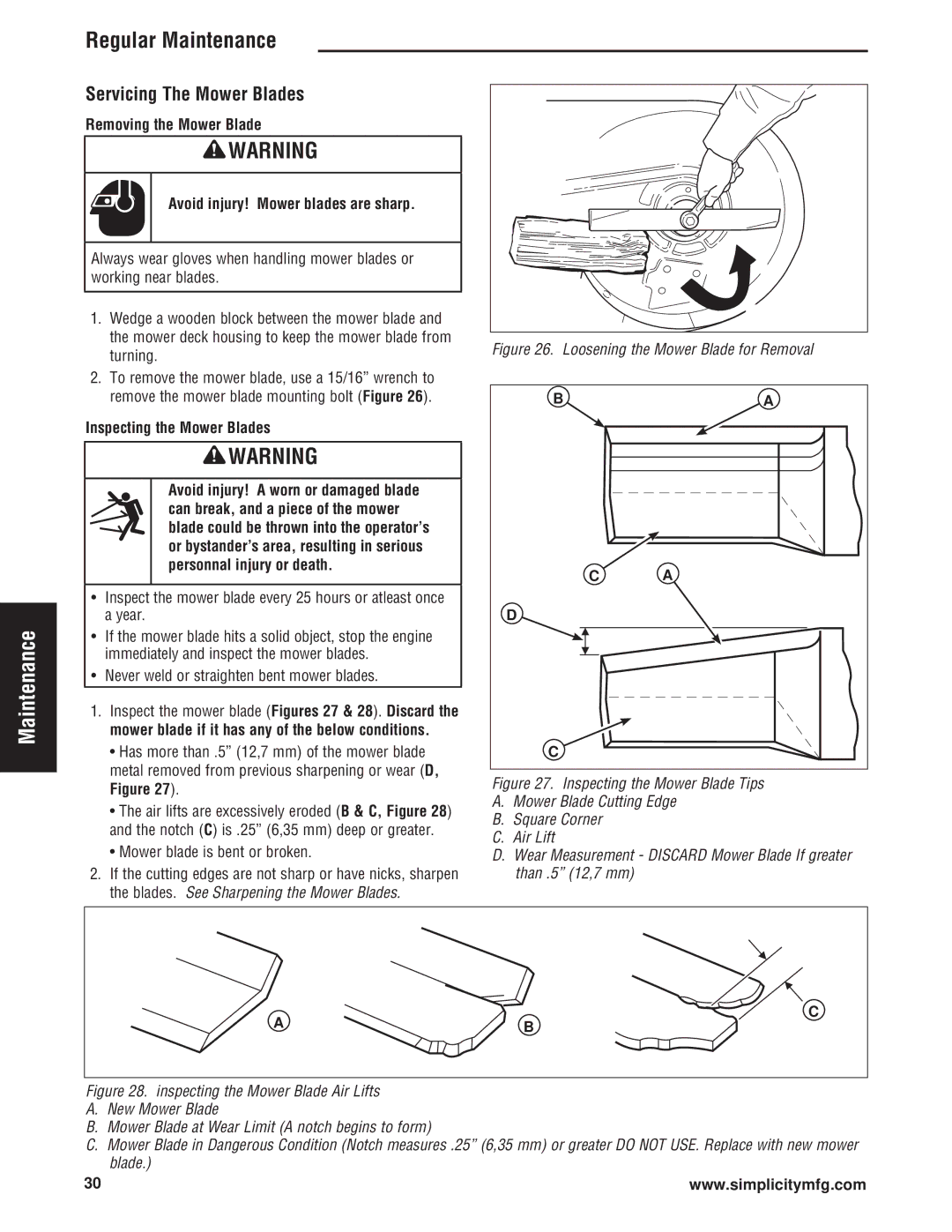 Simplicity Cobalt Series manual Safety Controls Operation Troubleshooting Maintenance, Servicing The Mower Blades 