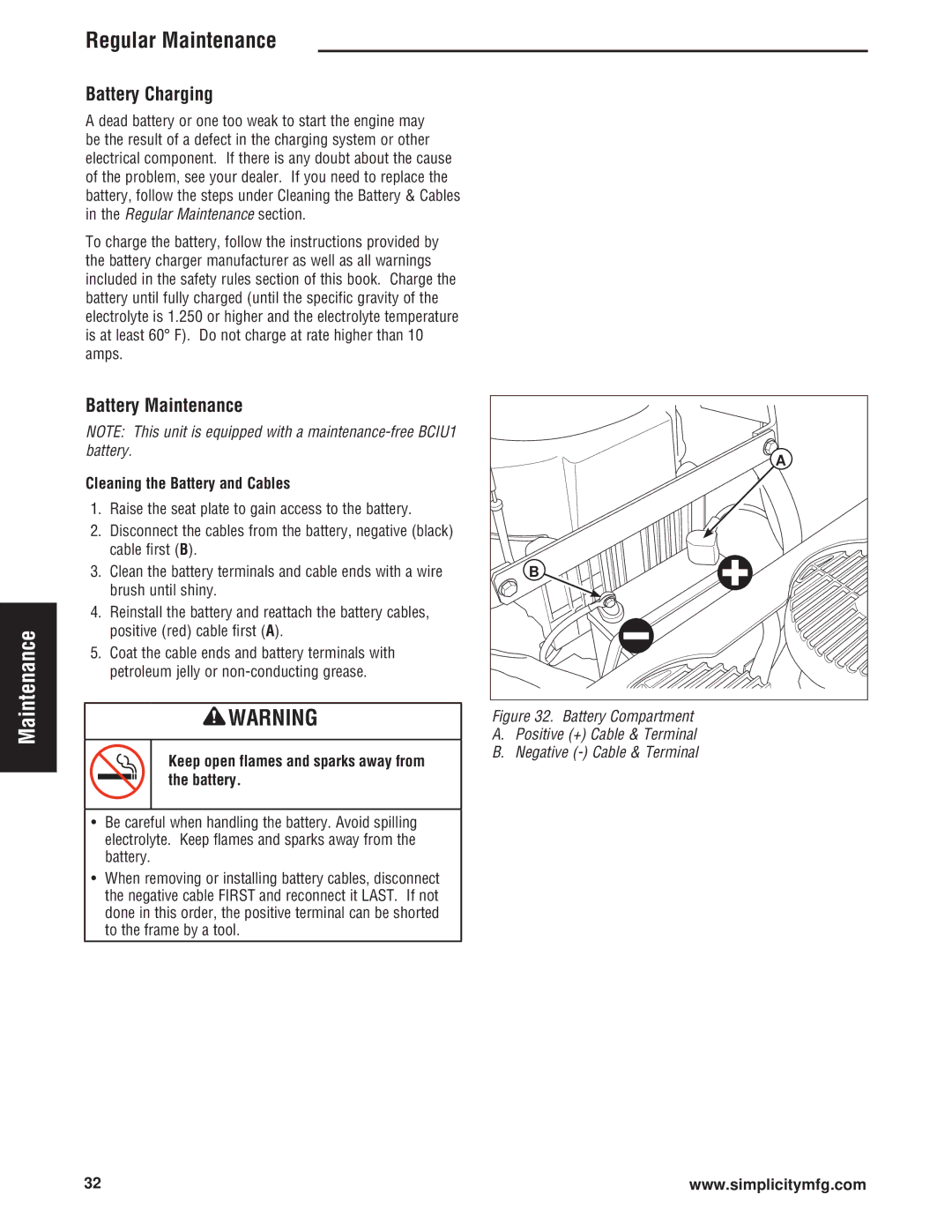 Simplicity Cobalt Series manual Battery Charging, Battery Maintenance, Cleaning the Battery and Cables 