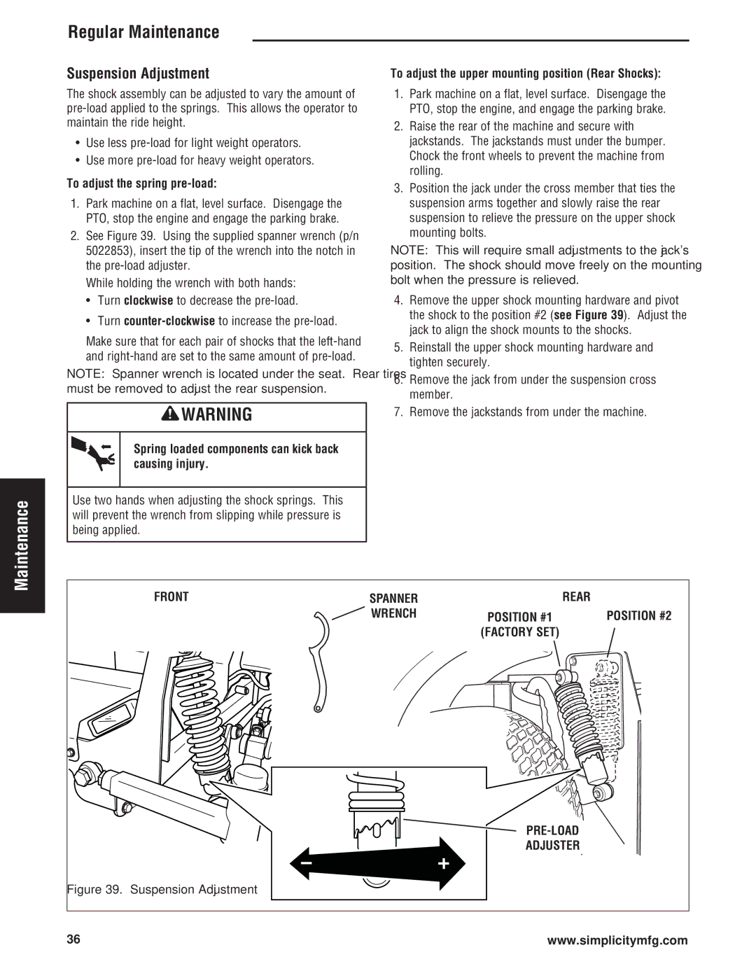 Simplicity Cobalt Series manual Suspension Adjustment, To adjust the spring pre-load 