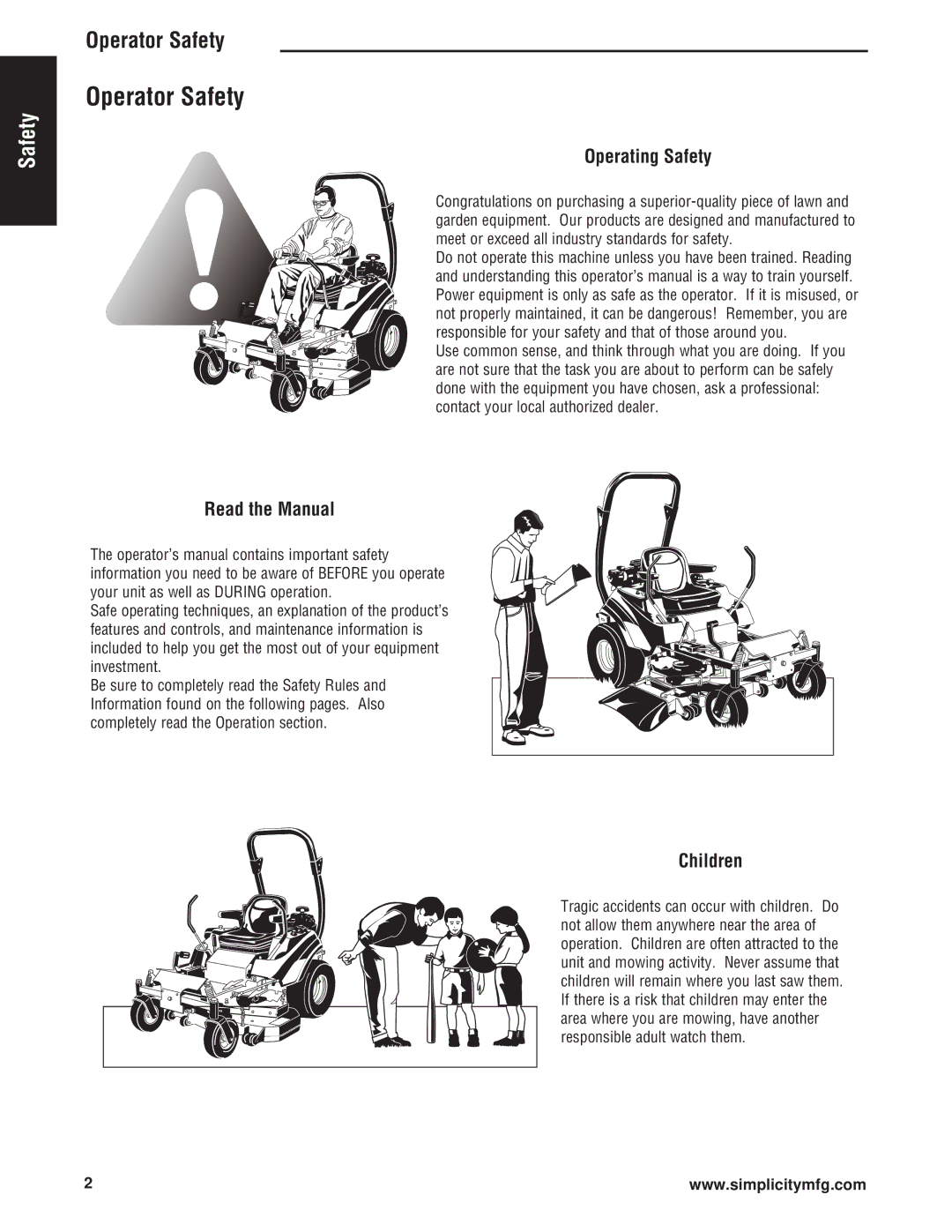 Simplicity Cobalt Series manual Operator Safety, Operating Safety, Read the Manual, Children 