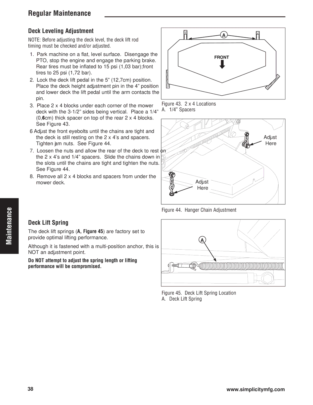 Simplicity Cobalt Series manual Regular Maintenance, Deck Lift Spring 