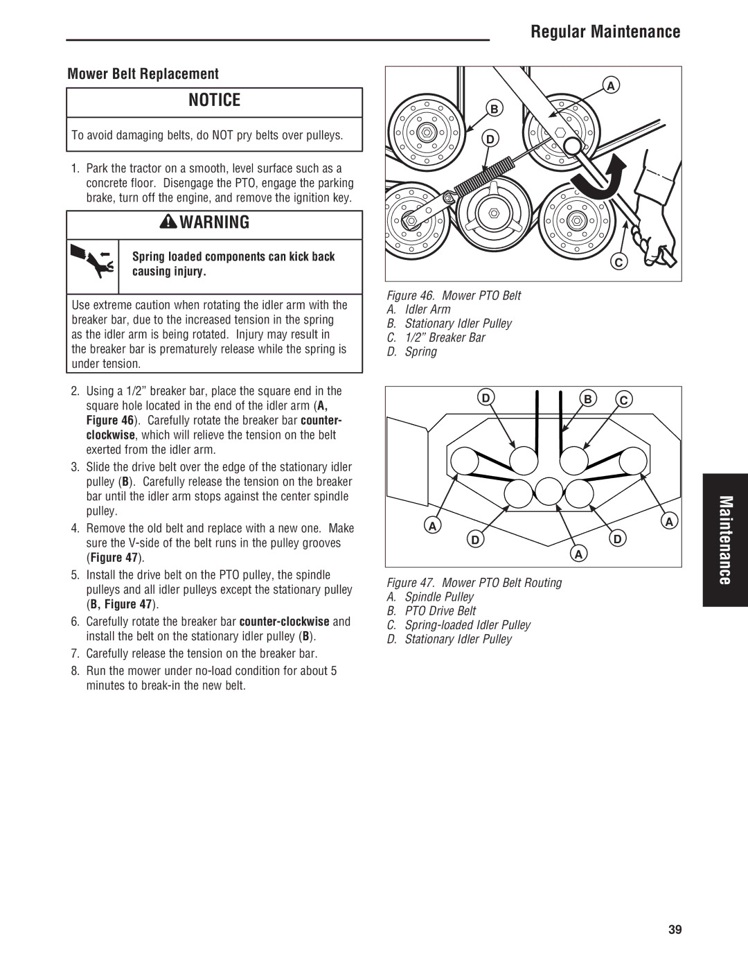 Simplicity Cobalt Series manual Mower Belt Replacement, To avoid damaging belts, do not pry belts over pulleys 