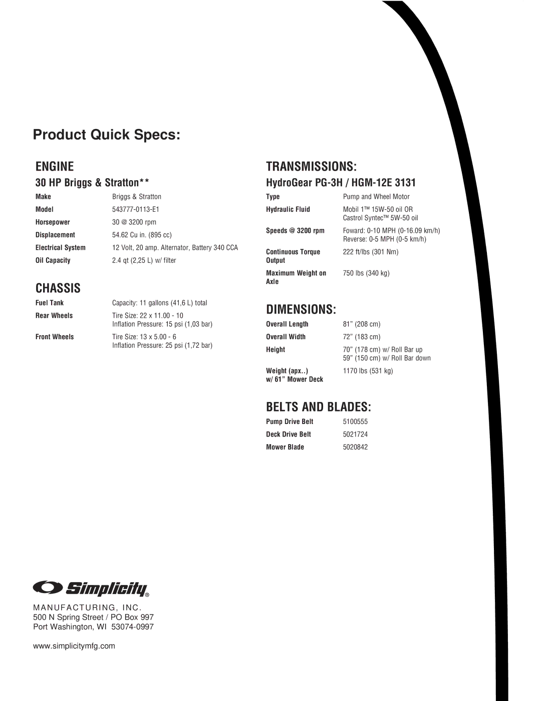 Simplicity Cobalt Series manual Product Quick Specs, Belts and Blades 