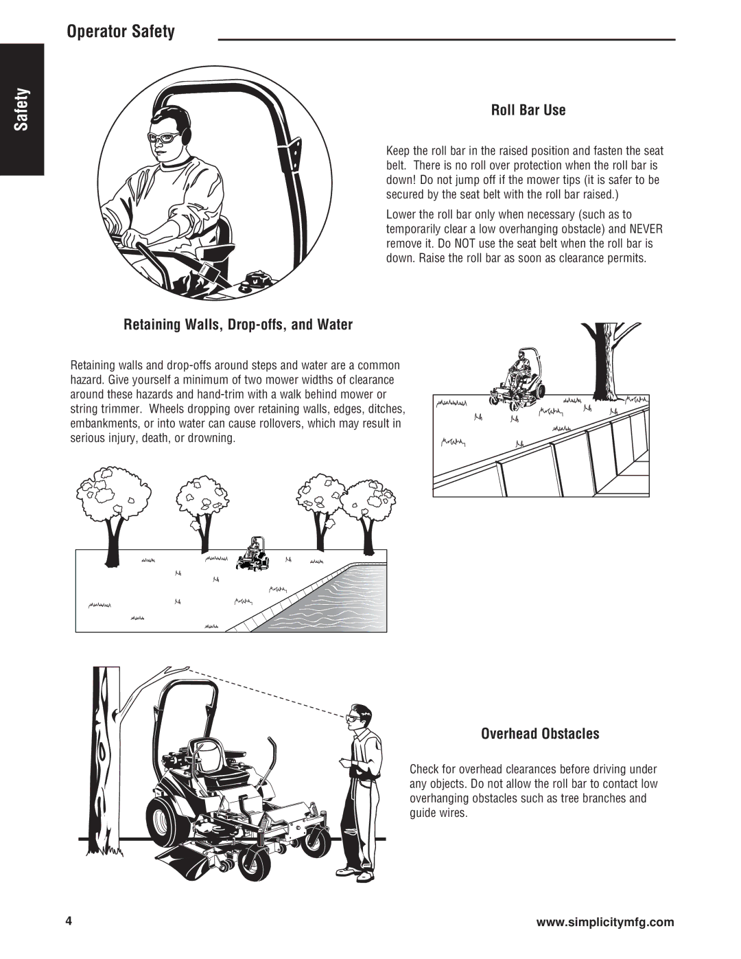 Simplicity Cobalt Series manual Roll Bar Use, Retaining Walls, Drop-offs, and Water, Overhead Obstacles 