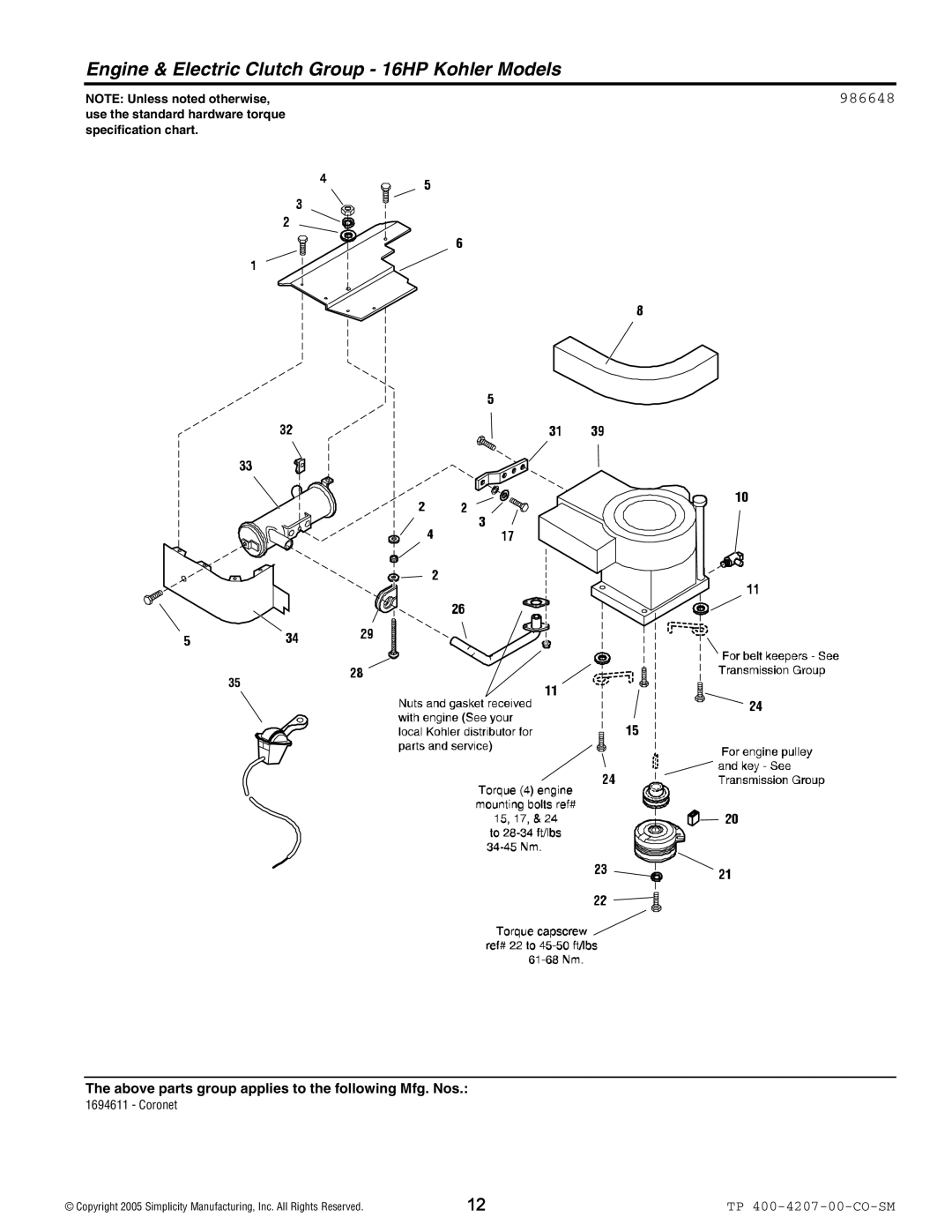 Simplicity Coronet / 2400 manual Engine & Electric Clutch Group 16HP Kohler Models, 986648 