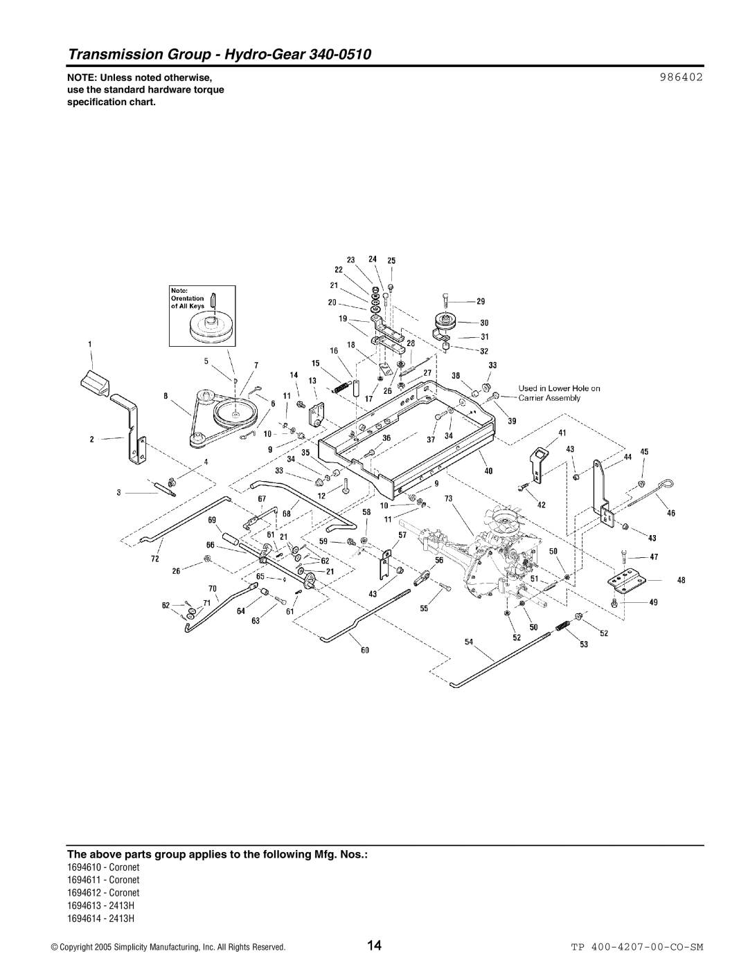 Simplicity Coronet / 2400 manual Transmission Group Hydro-Gear, 986402 