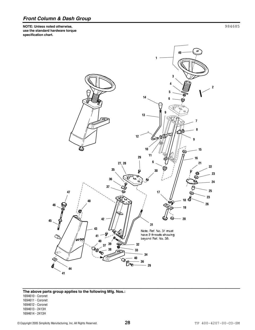 Simplicity Coronet / 2400 manual Front Column & Dash Group, 984685 