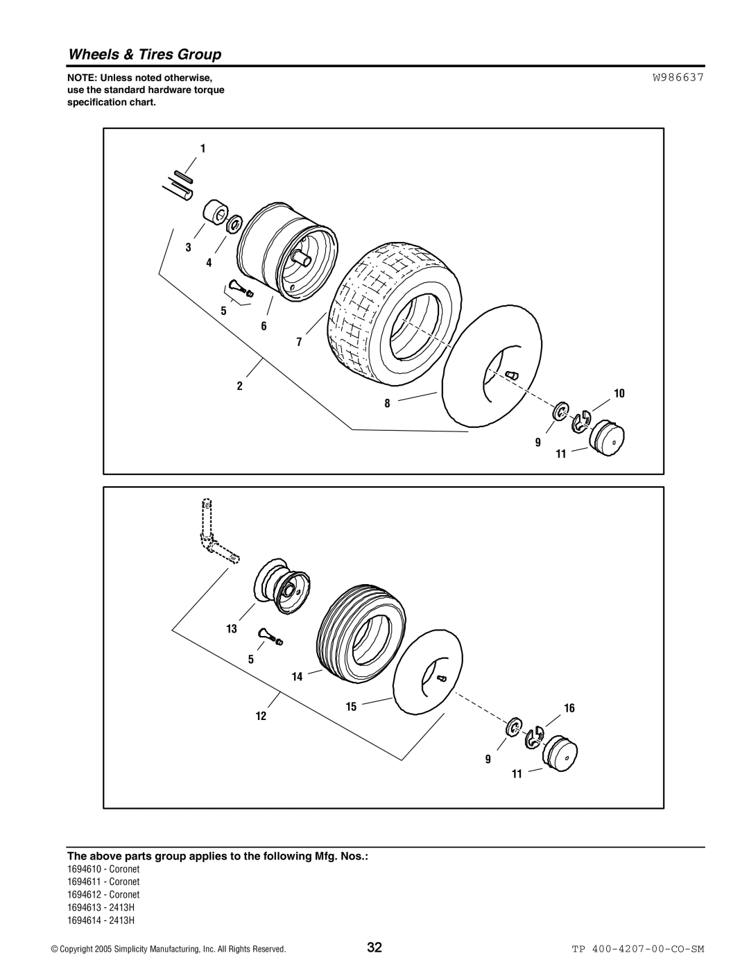 Simplicity Coronet / 2400 manual Wheels & Tires Group, W986637 