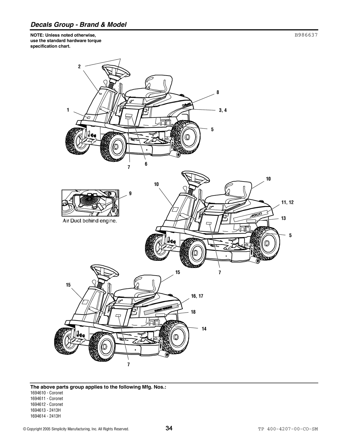 Simplicity Coronet / 2400 manual Decals Group Brand & Model, B986637 