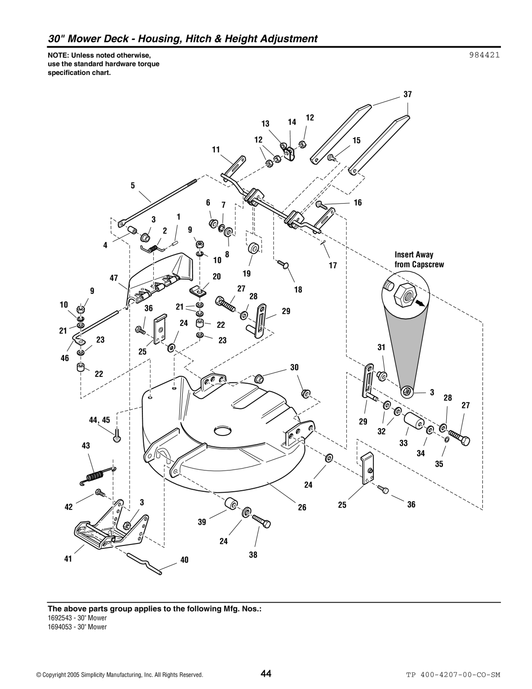 Simplicity Coronet / 2400 manual Mower Deck Housing, Hitch & Height Adjustment, 984421 