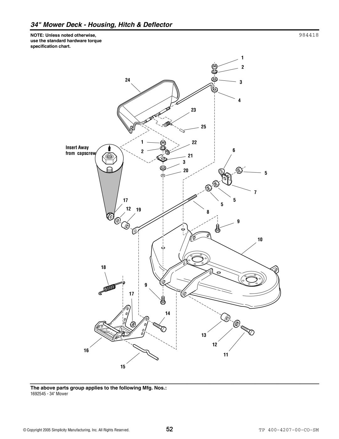 Simplicity Coronet / 2400 manual Mower Deck Housing, Hitch & Deflector, 984418 