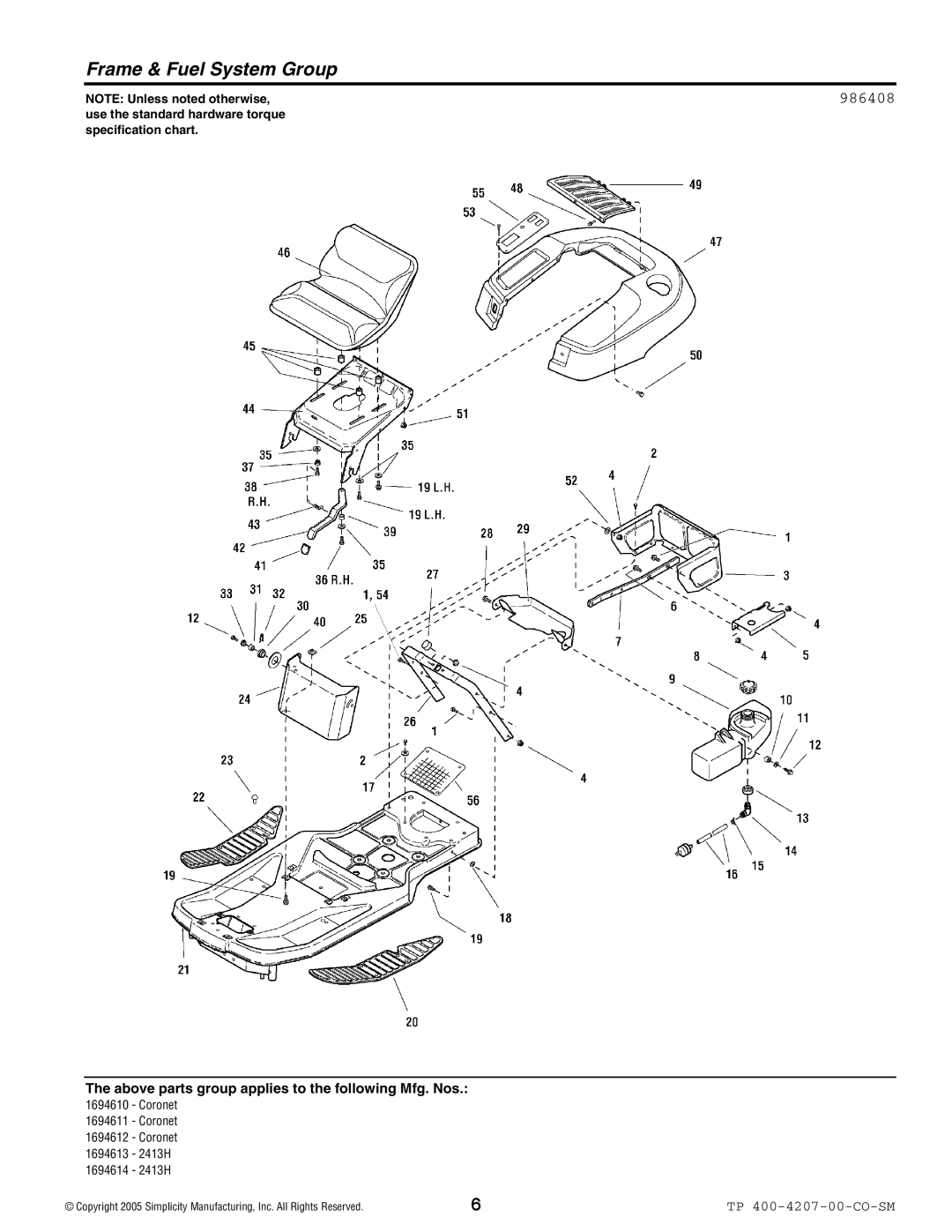 Simplicity Coronet / 2400 manual Frame & Fuel System Group 