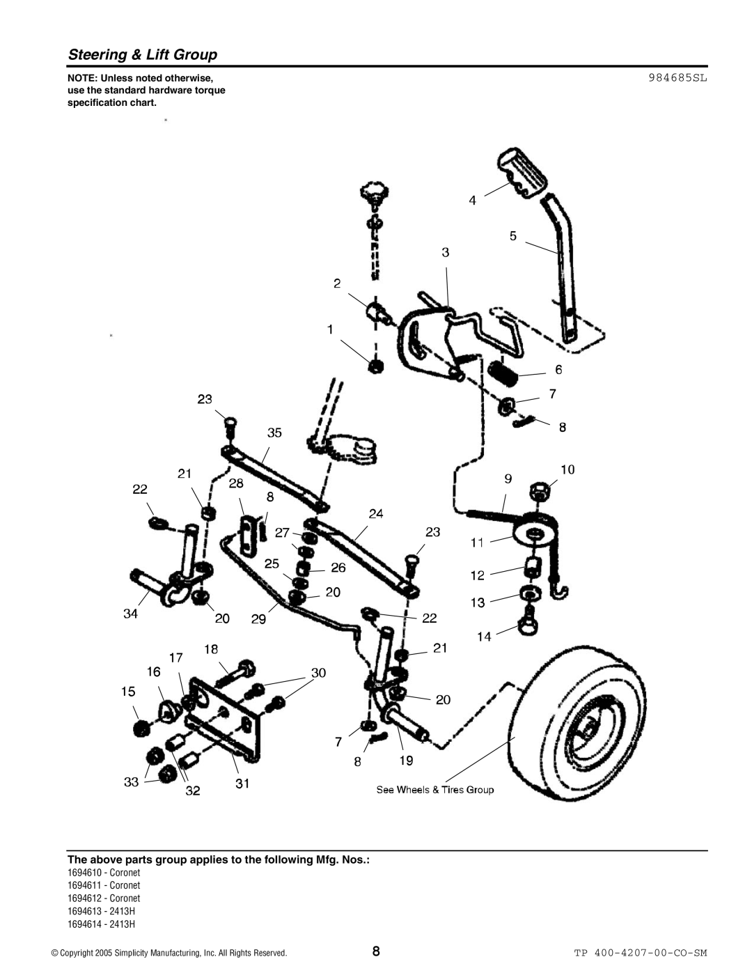 Simplicity Coronet / 2400 manual Steering & Lift Group, 984685SL 