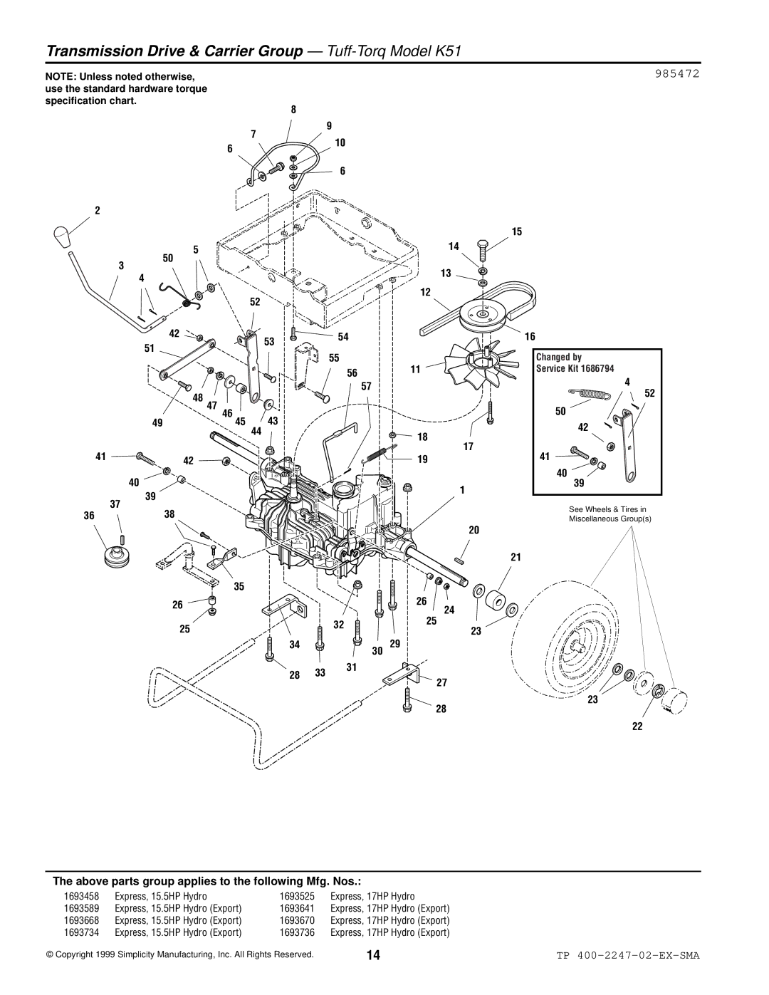 Simplicity Express Series manual Transmission Drive & Carrier Group Tuff-Torq Model K51, 985472 