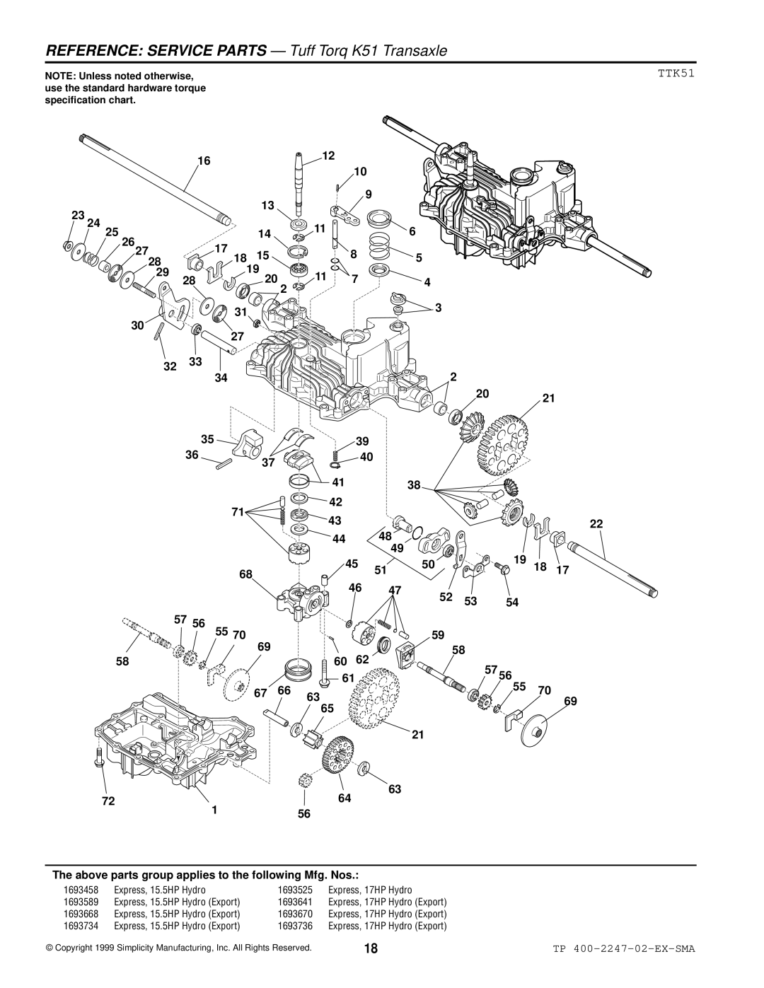 Simplicity Express Series manual Reference Service Parts Tuff Torq K51 Transaxle, TTK51 