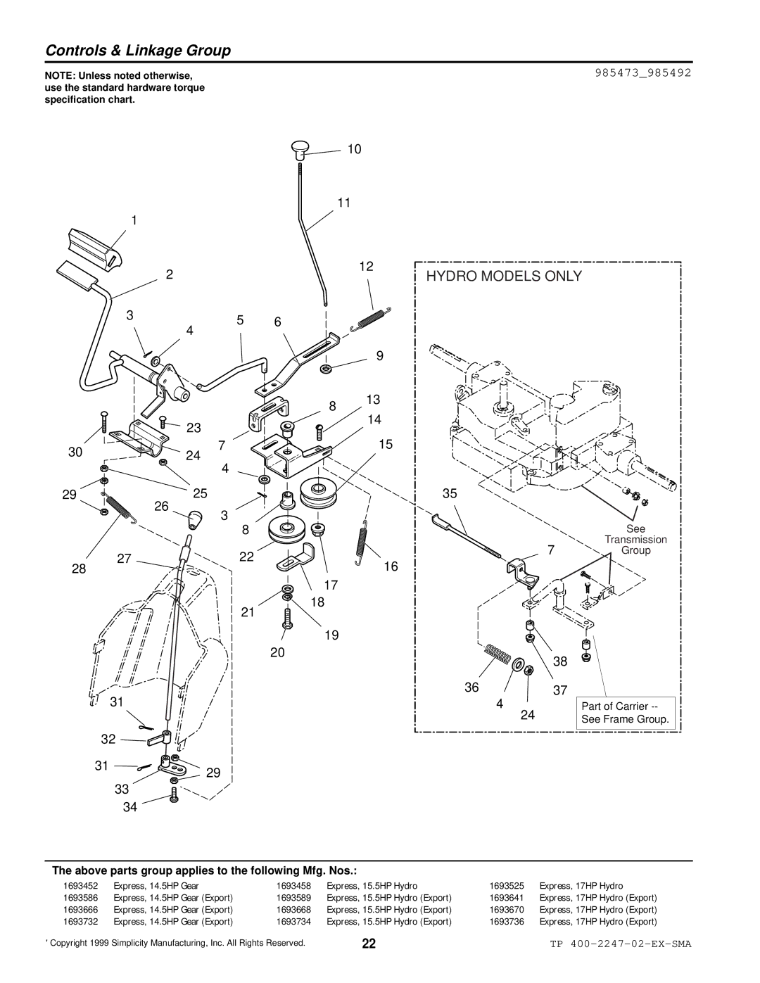 Simplicity Express Series manual Controls & Linkage Group, 985473985492 