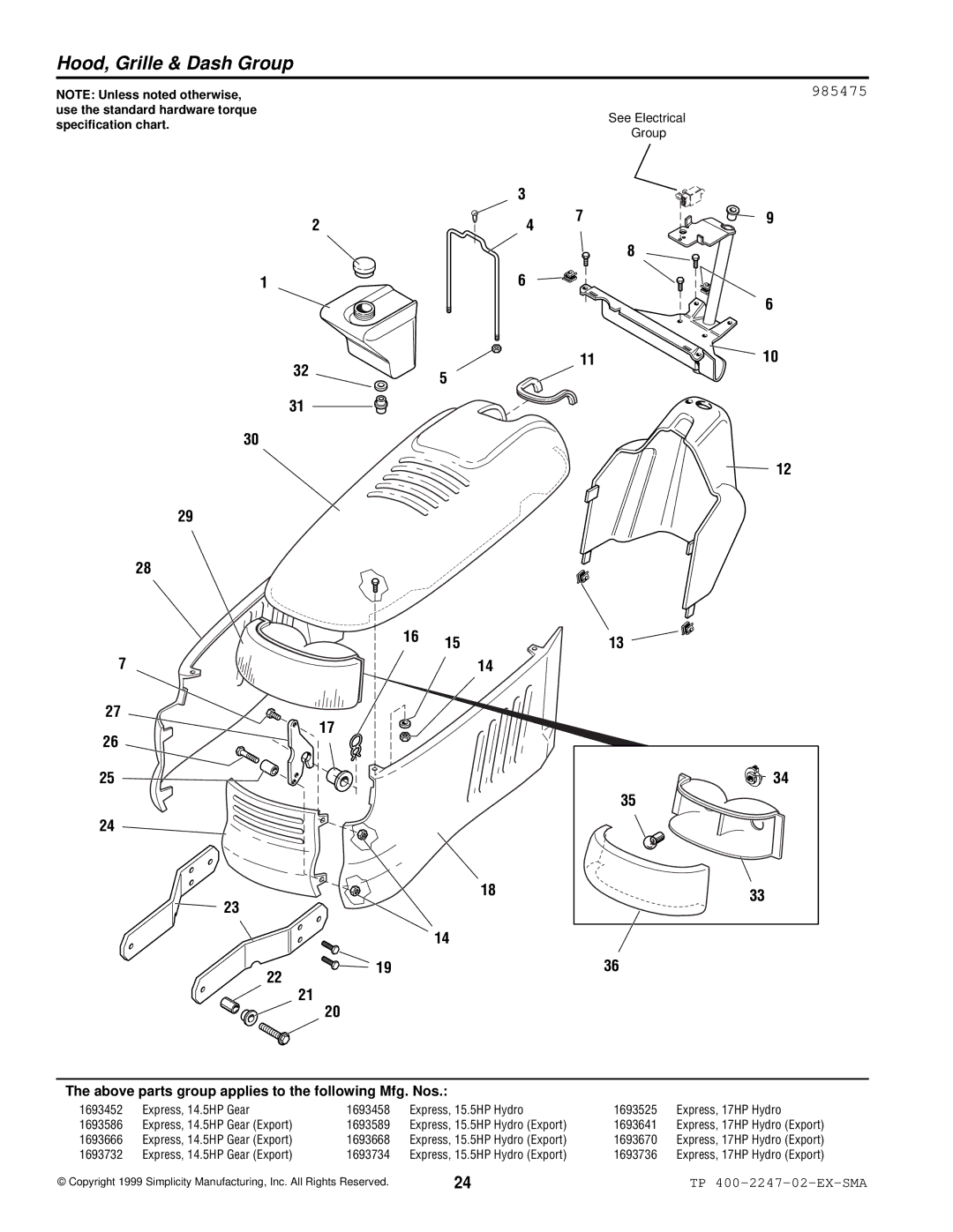 Simplicity Express Series manual Hood, Grille & Dash Group, 985475 