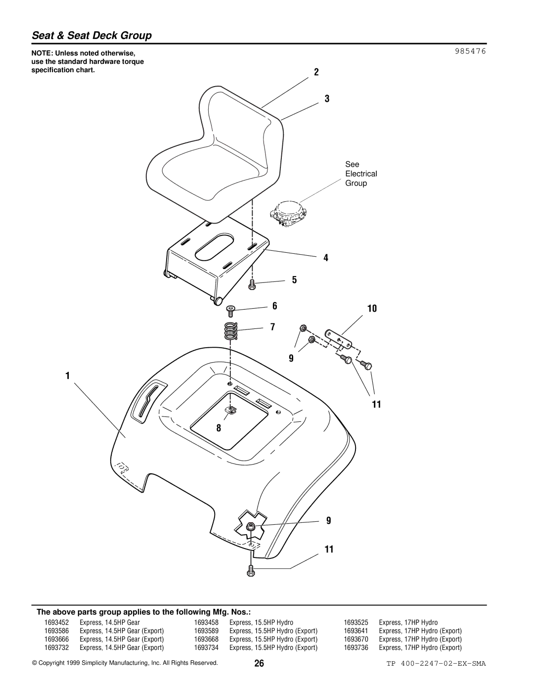 Simplicity Express Series manual Seat & Seat Deck Group, 985476 