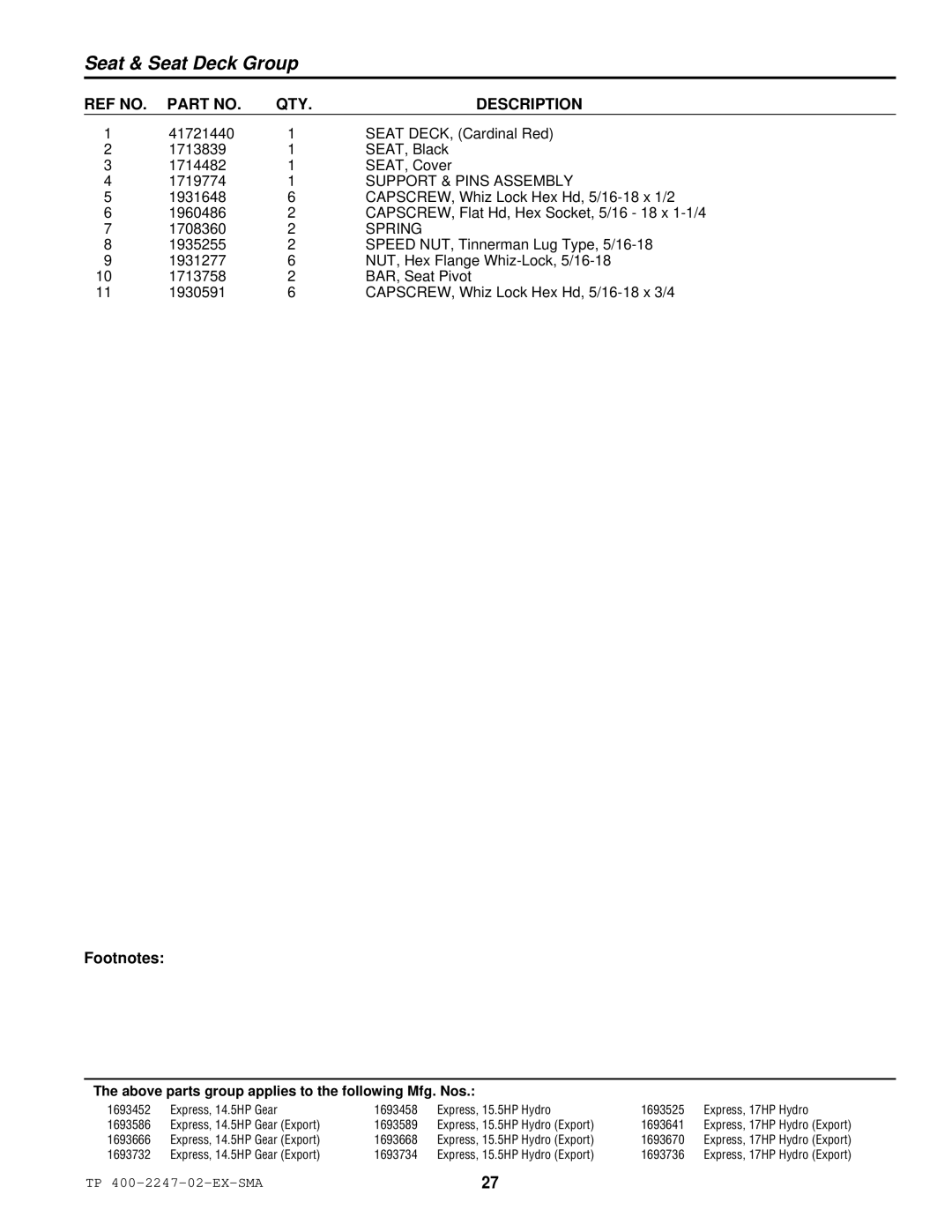 Simplicity Express Series manual Support & Pins Assembly, Spring 