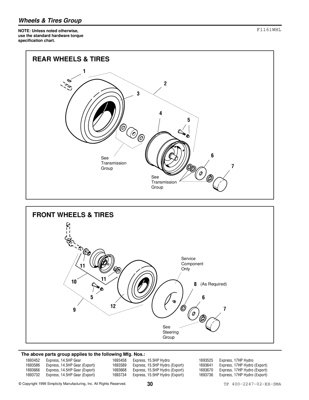 Simplicity Express Series manual Wheels & Tires Group, F1161WHL 